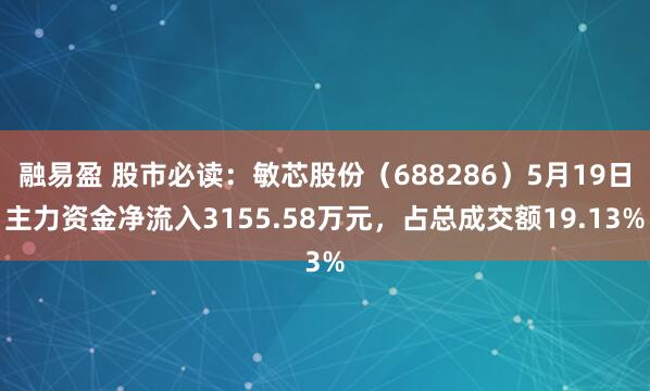 融易盈 股市必读：敏芯股份（688286）5月19日主力资金净流入3155.58万元，占总成交额19.13%